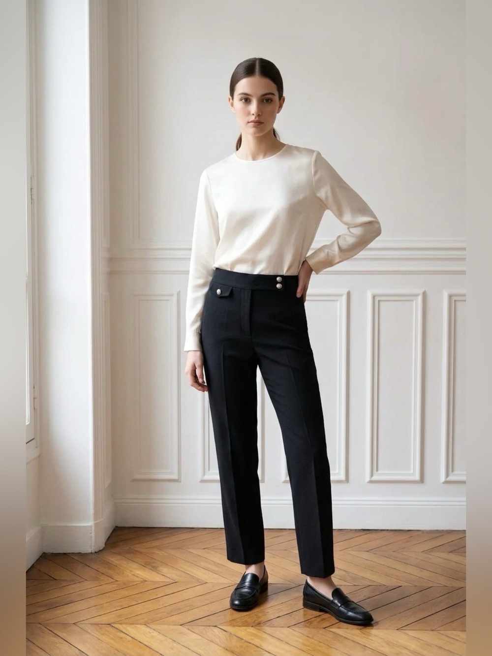 Veronica Beard Black Renzo Crest Button Slim Leg Trouser